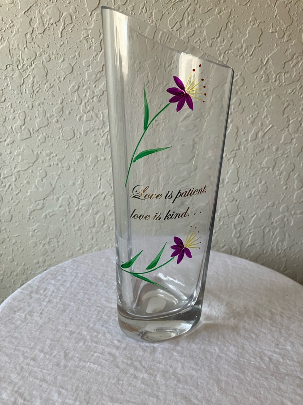 Fenton: Heart Vase- “Love is Patient…Love is Kind” Vase-Purple Floral Design
